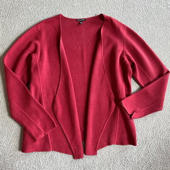 Eileen Fisher Cardigan 2X Silk Open Sweater Red Long Sleeve Luxury Classic - Picture 1 of 16